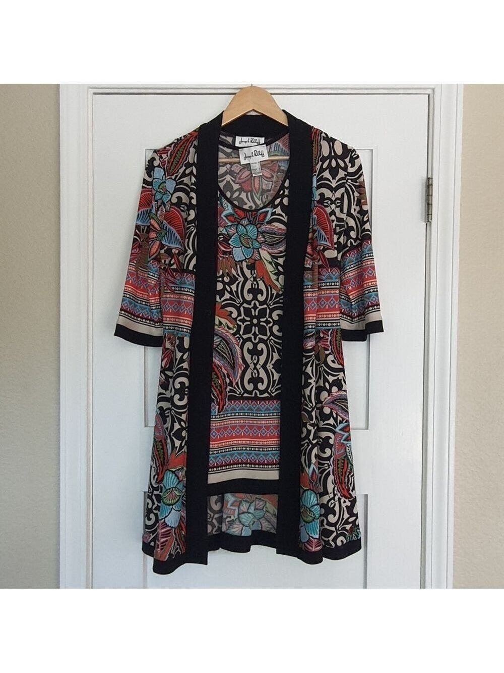 Joseph Ribkoff Vibrant Patterned Top With Short Sleeve Cardigan Stretchy Bold
